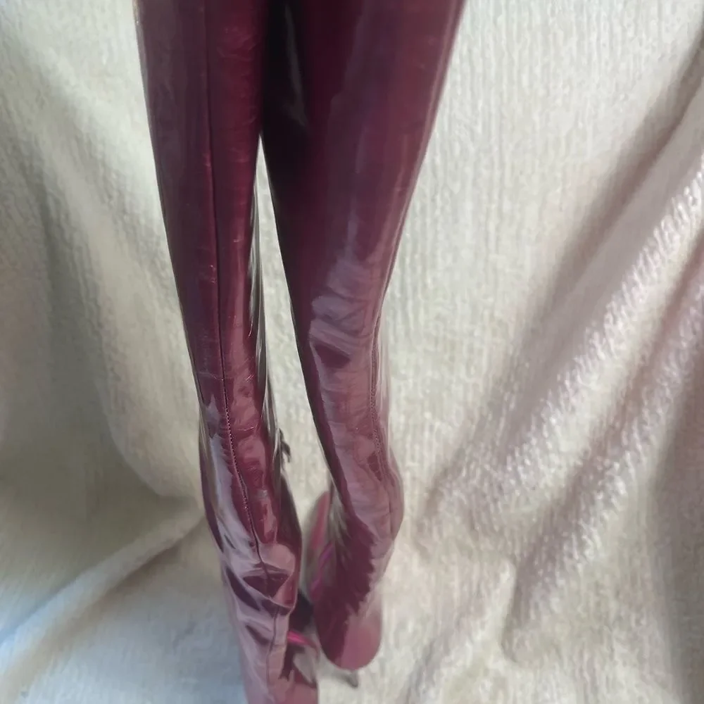 Azalea Wang synthetic Patent metallic Pink/Fuchsia thigh high heel boots SZ 7